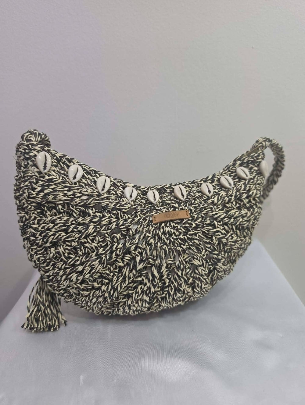 Barts Handwoven Black & Cream Shell-Trim Crescent Crossbody Bag